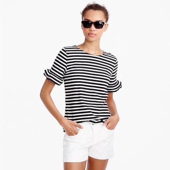 J. Crew Ruffle-Sleeve T-shirt in Stripe Small Black White Preppy Nautical B117 - Picture 6 of 10